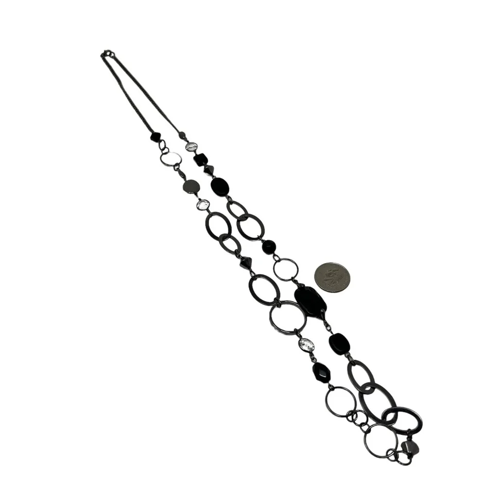 Chain‎ and Beaded Necklace Boho Gunmetal Black and Clear Lucite Beads 36 inch